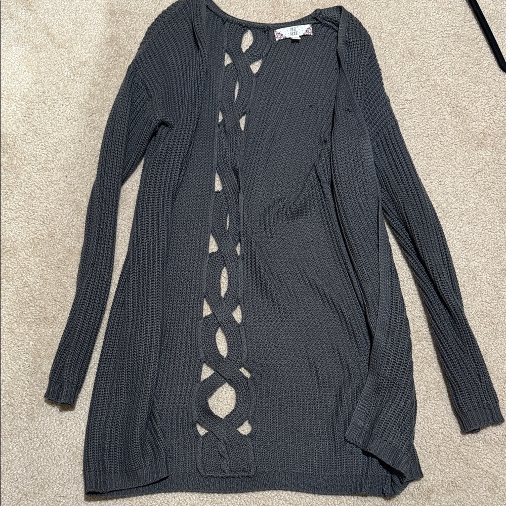 Pink Rose Charcoal Knit Cardigan with Cutout Detail